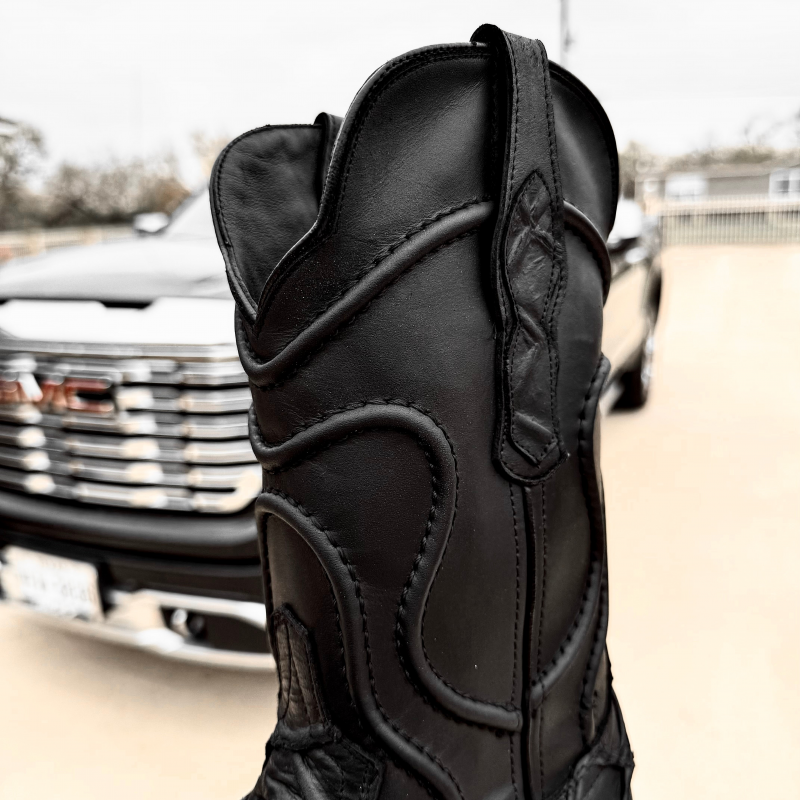 Deep Black Matte Pirarucu Leather Boots - Square Toe