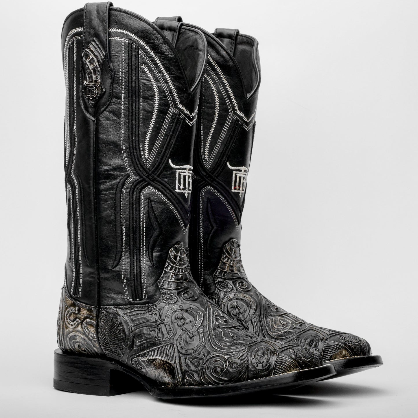 “Ace Of Spades” GreyBlack Leather Boots - Square Toe