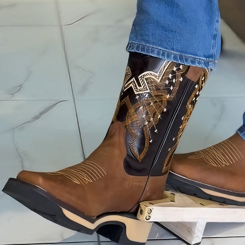 Men's Brown Embroidered Detail Cowboy Boots