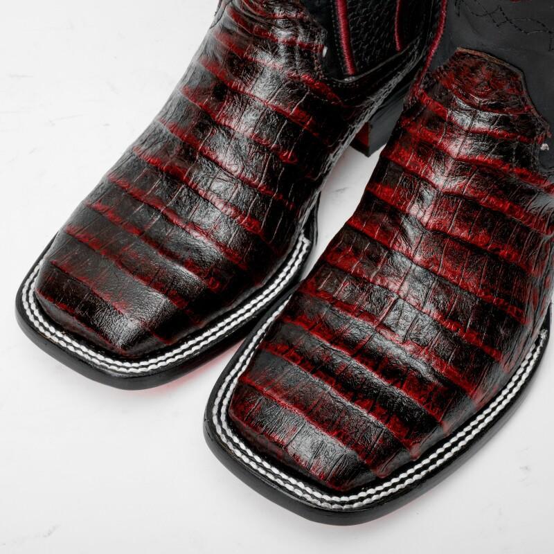 Black Cherry Caiman Belly Leather Boots - Square Toe