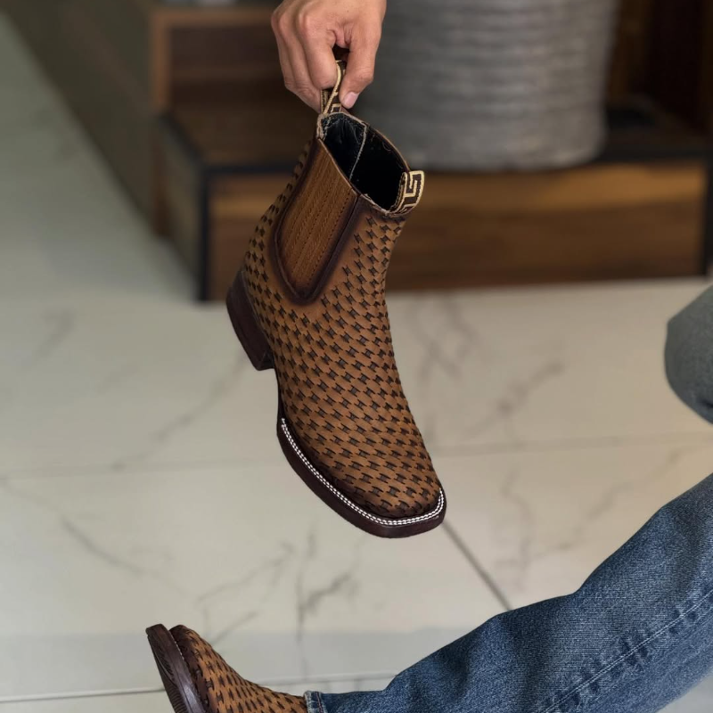 Coffee Two-Tone Woven Leather Chelsea Boots