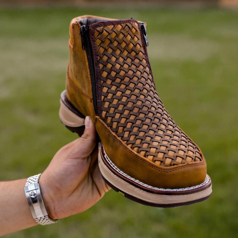 Dusty Honey Basketweave Leather Botin With 3D Lightweight Soles - Square Toe