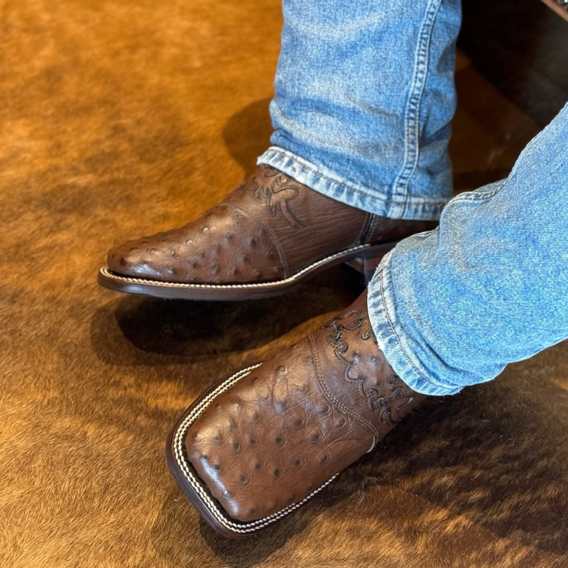 Tobacco Country Style Exotic Ostrich Leather Boots