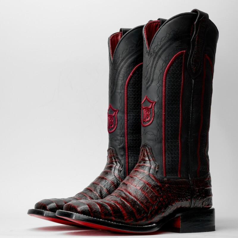 Black Cherry Caiman Belly Leather Boots - Square Toe