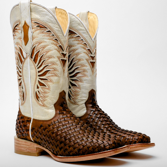 Tan Basketweave Leather Boots - Square Toe