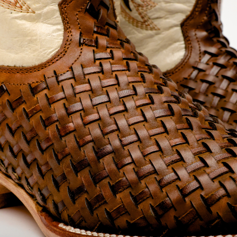 Tan Basketweave Leather Boots - Square Toe