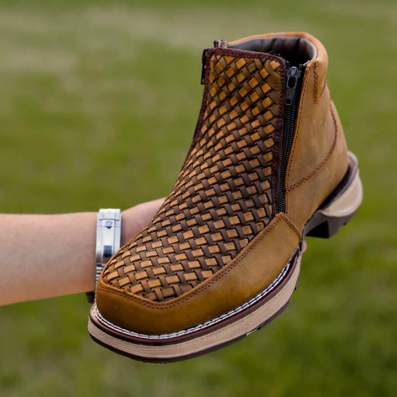 Dusty Honey Basketweave Leather Botin With 3D Lightweight Soles - Square Toe