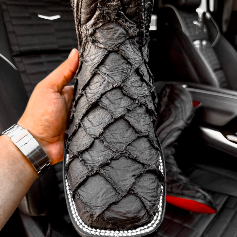 Matte Black Jumbo Pirarucu Leather Boots - Square Toe