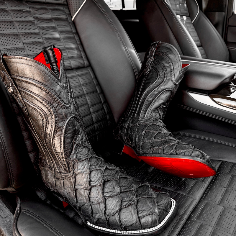 Matte Black Jumbo Pirarucu Leather Boots - Square Toe