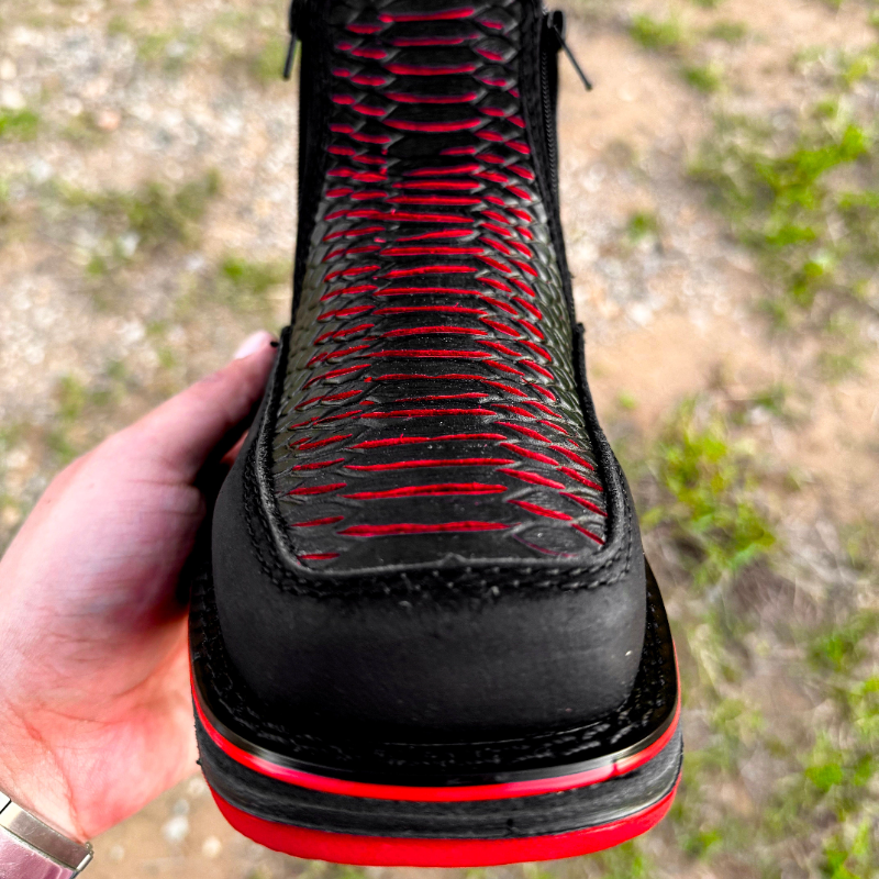 Onyx Cherry Python Leather Boots - Square Toe