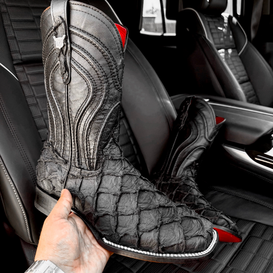 Matte Black Jumbo Pirarucu Leather Boots - Square Toe