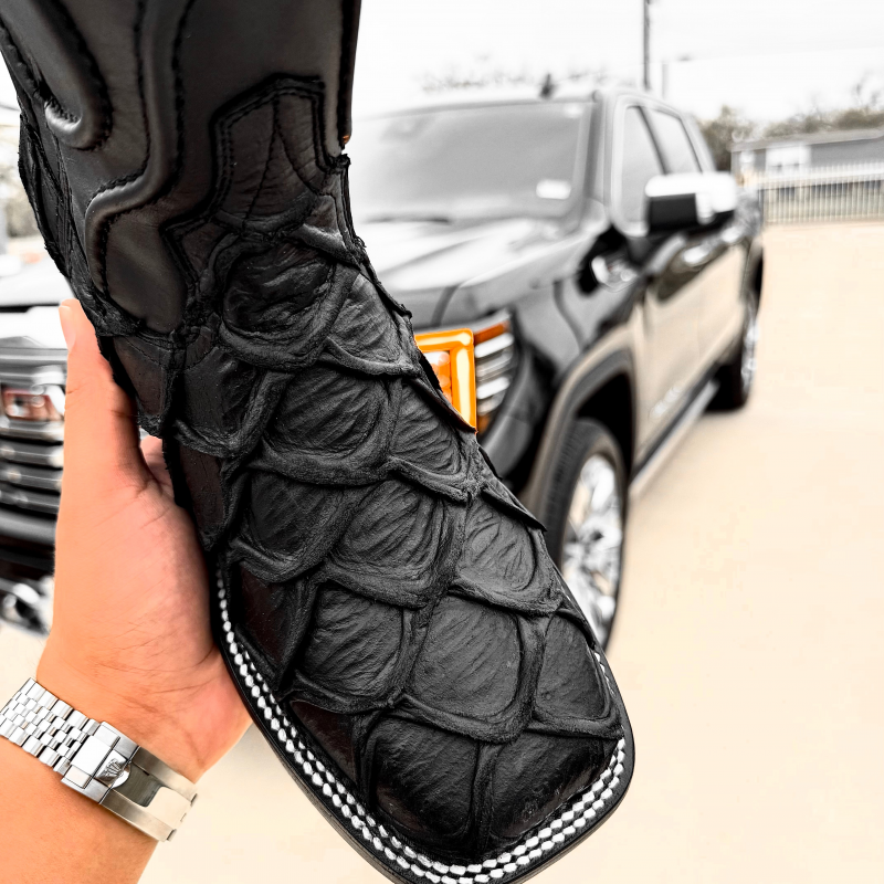 Deep Black Matte Pirarucu Leather Boots - Square Toe