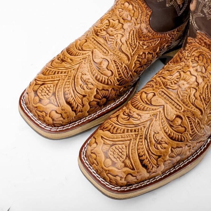 Honey Hand-Tooled Leather Boots With 3D Lightweight Sole