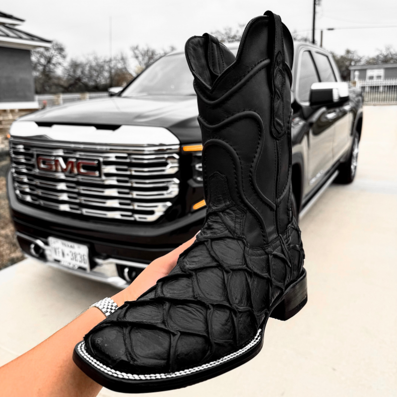 Deep Black Matte Pirarucu Leather Boots - Square Toe