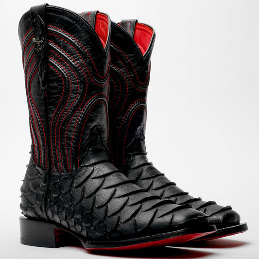 Matte Black Jumbo Python Leather Boots - Square Toe