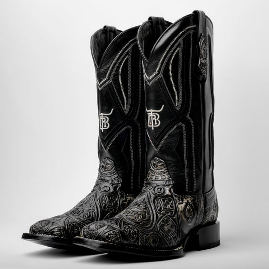 “Ace Of Spades” GreyBlack Leather Boots - Square Toe