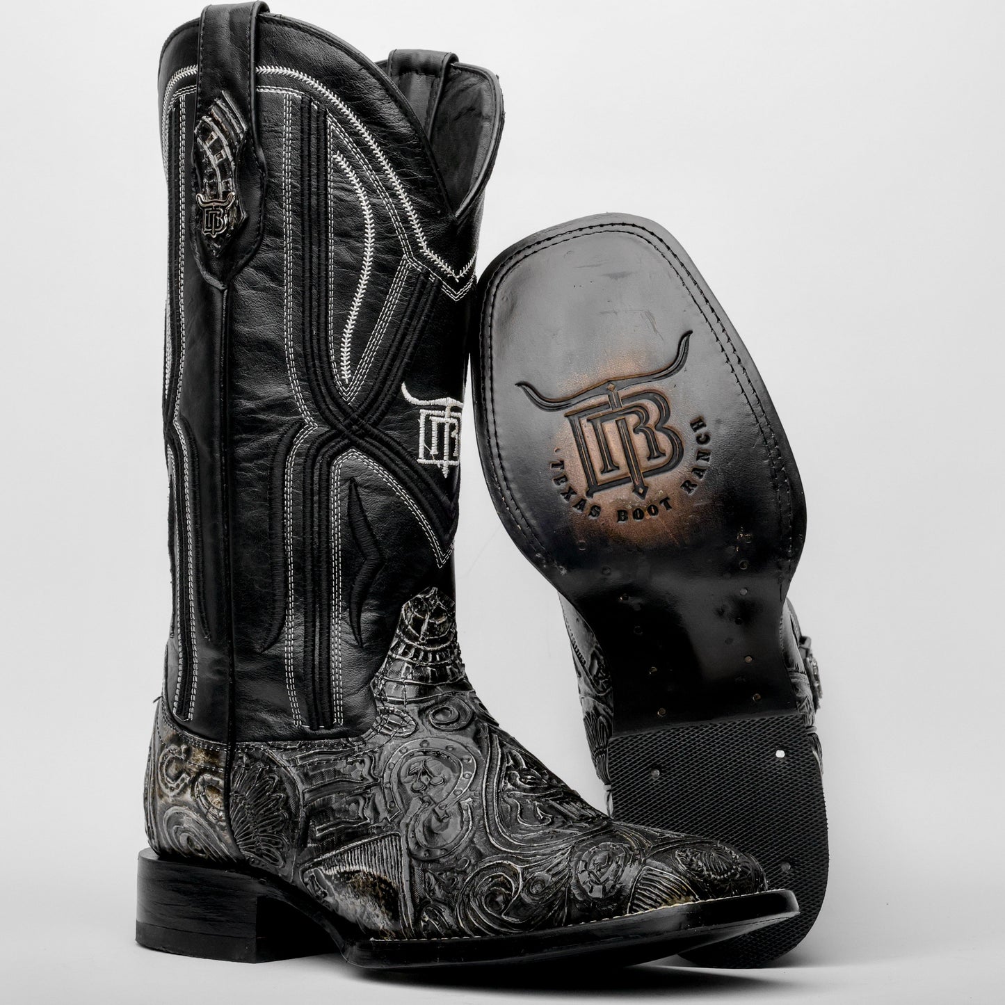 “Ace Of Spades” GreyBlack Leather Boots - Square Toe