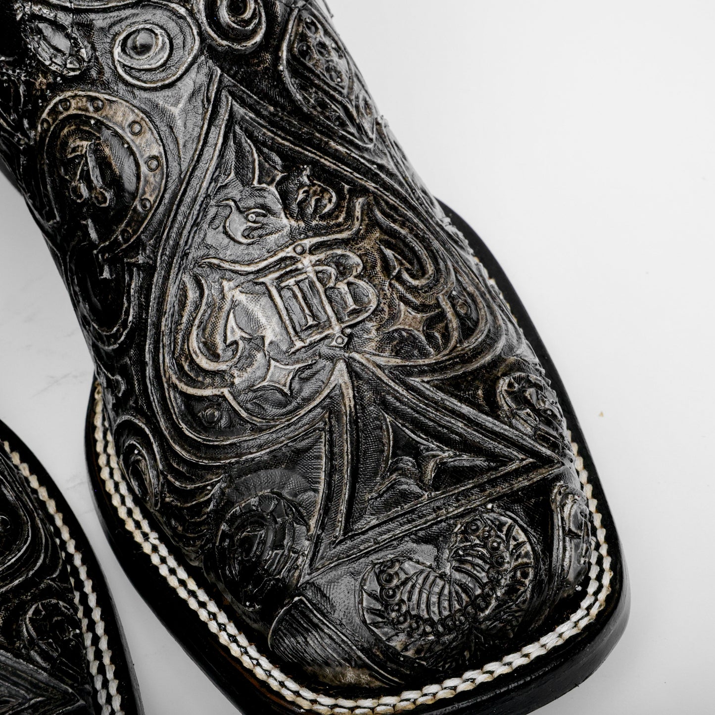 “Ace Of Spades” GreyBlack Leather Boots - Square Toe