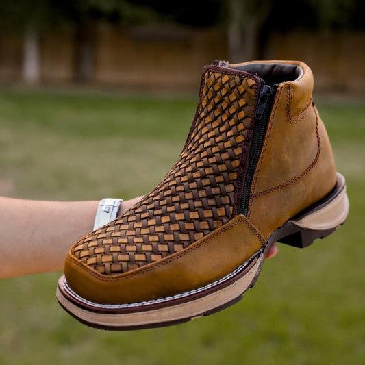 Dusty Honey Basketweave Leather Botin With 3D Lightweight Soles - Square Toe