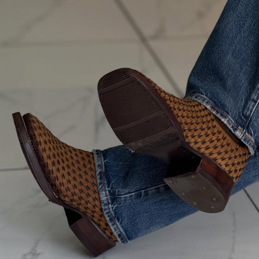Coffee Two-Tone Woven Leather Chelsea Boots