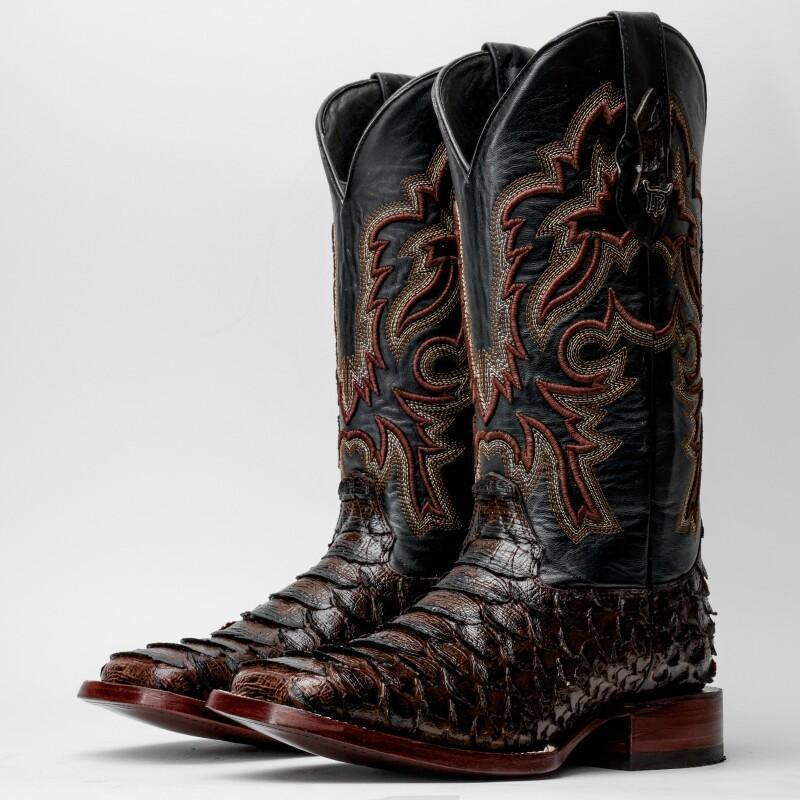 Brown Jumbo Python Leather Boots - Square Toe