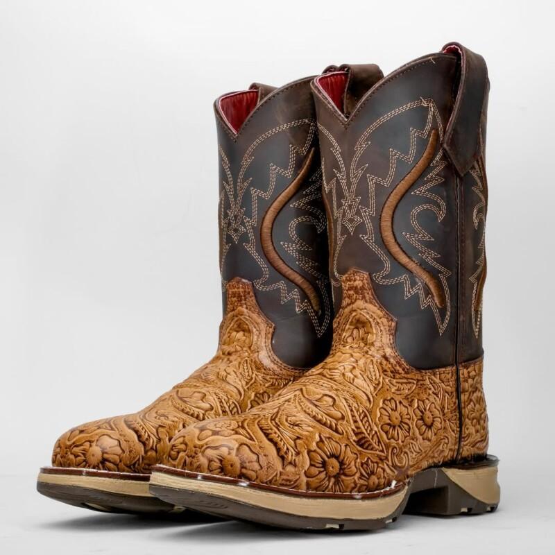 Honey Hand-Tooled Leather Boots With 3D Lightweight Sole