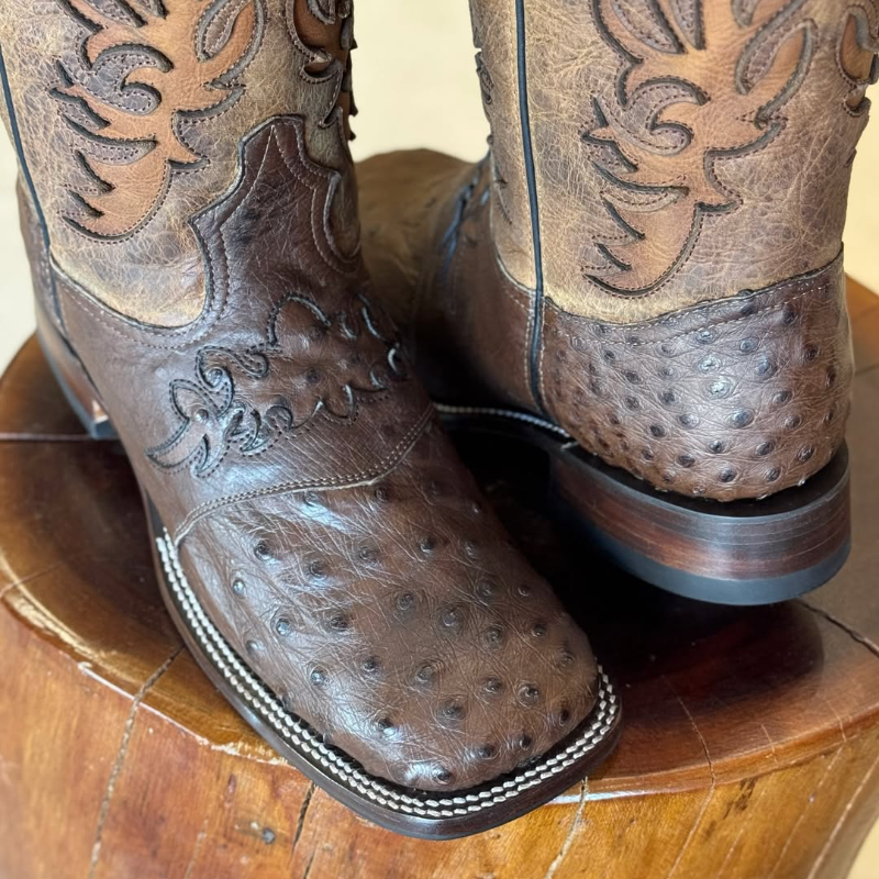 Tobacco Country Style Exotic Ostrich Leather Boots