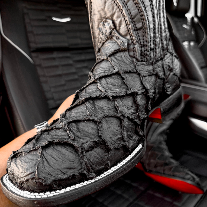 Matte Black Jumbo Pirarucu Leather Boots - Square Toe