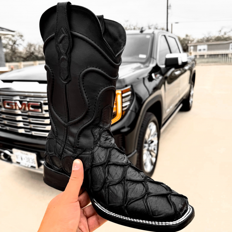 Deep Black Matte Pirarucu Leather Boots - Square Toe