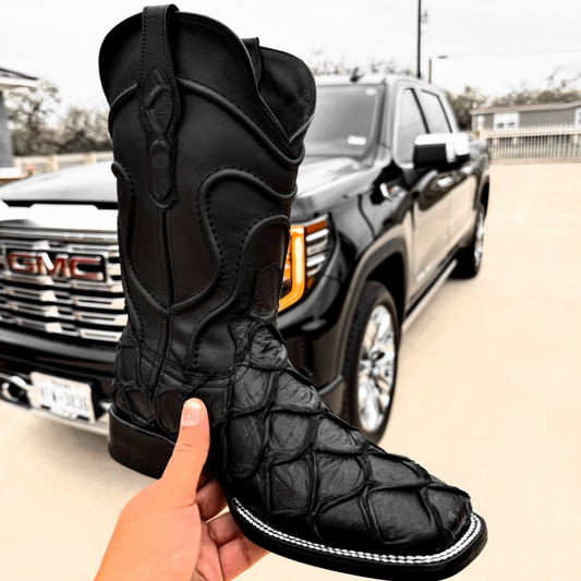 Deep Black Matte Pirarucu Leather Boots - Square Toe