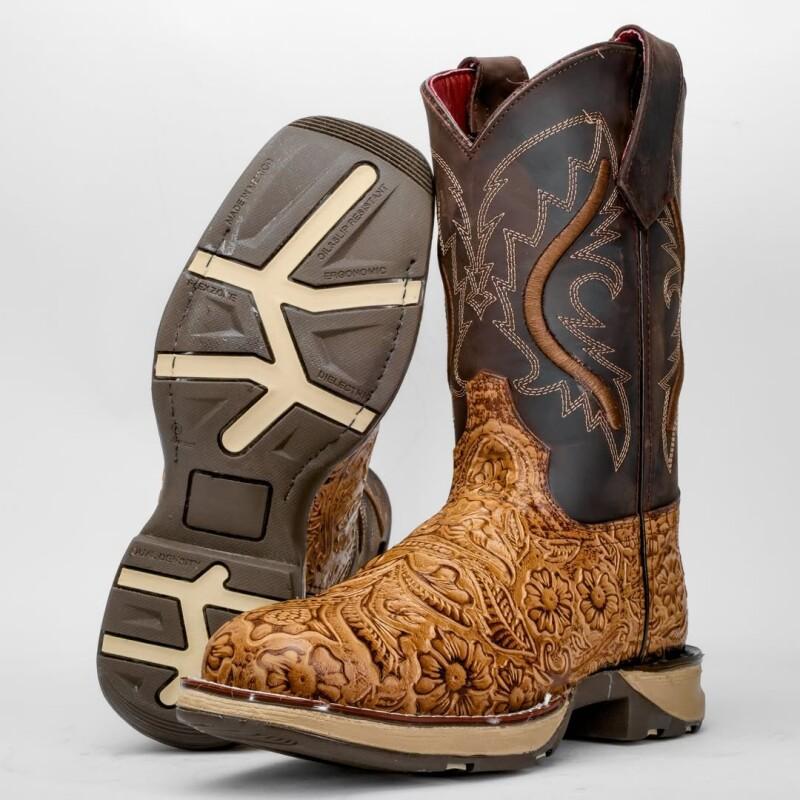 Honey Hand-Tooled Leather Boots With 3D Lightweight Sole