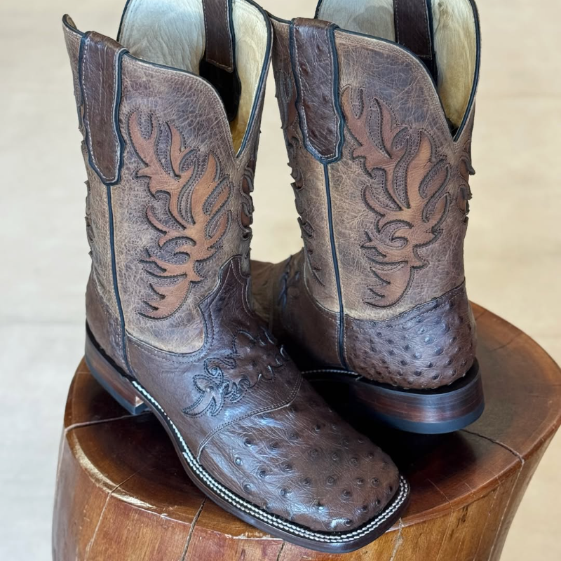 Tobacco Country Style Exotic Ostrich Leather Boots