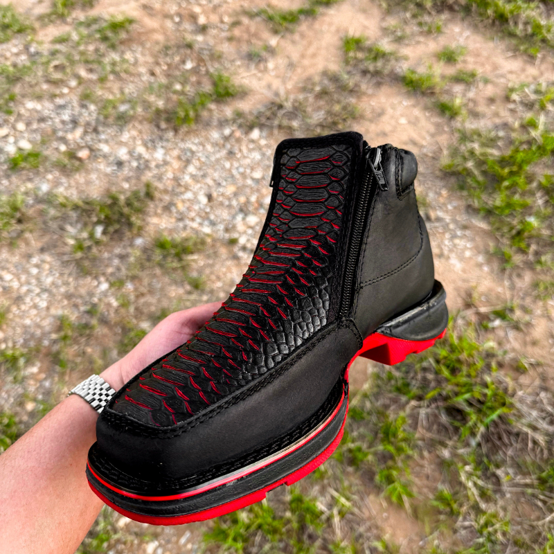 Onyx Cherry Python Leather Boots - Square Toe