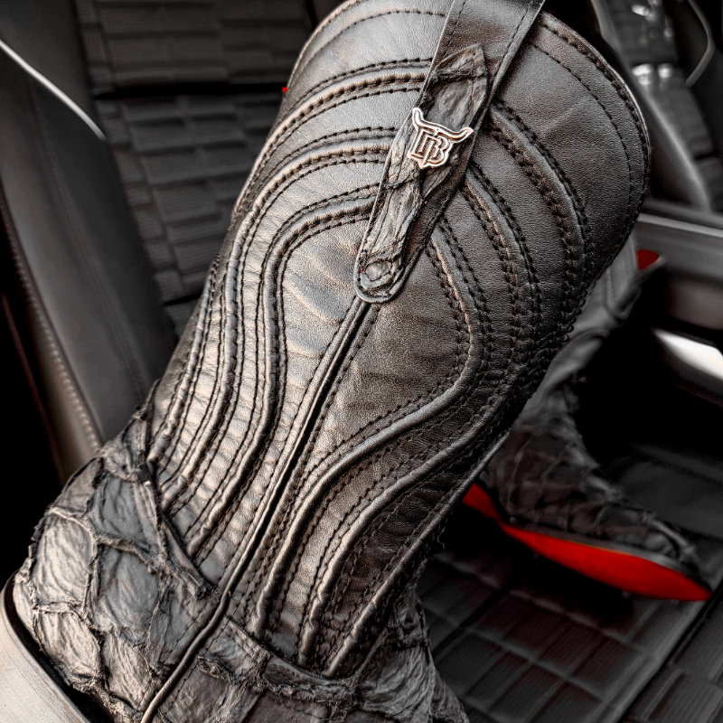 Matte Black Jumbo Pirarucu Leather Boots - Square Toe